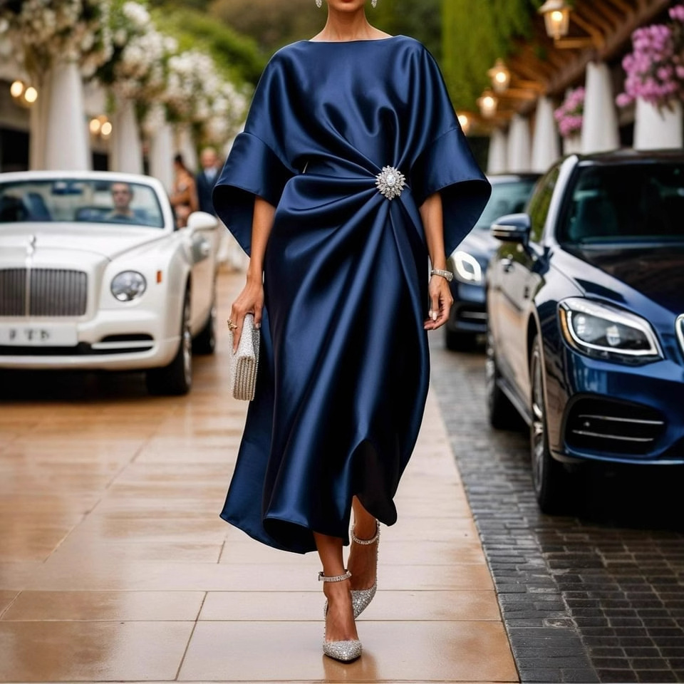 2025 Independent Station Amazon Cross-Border Women's Commuting Elegant Beaded Floral Decorated Satin Designer Dress