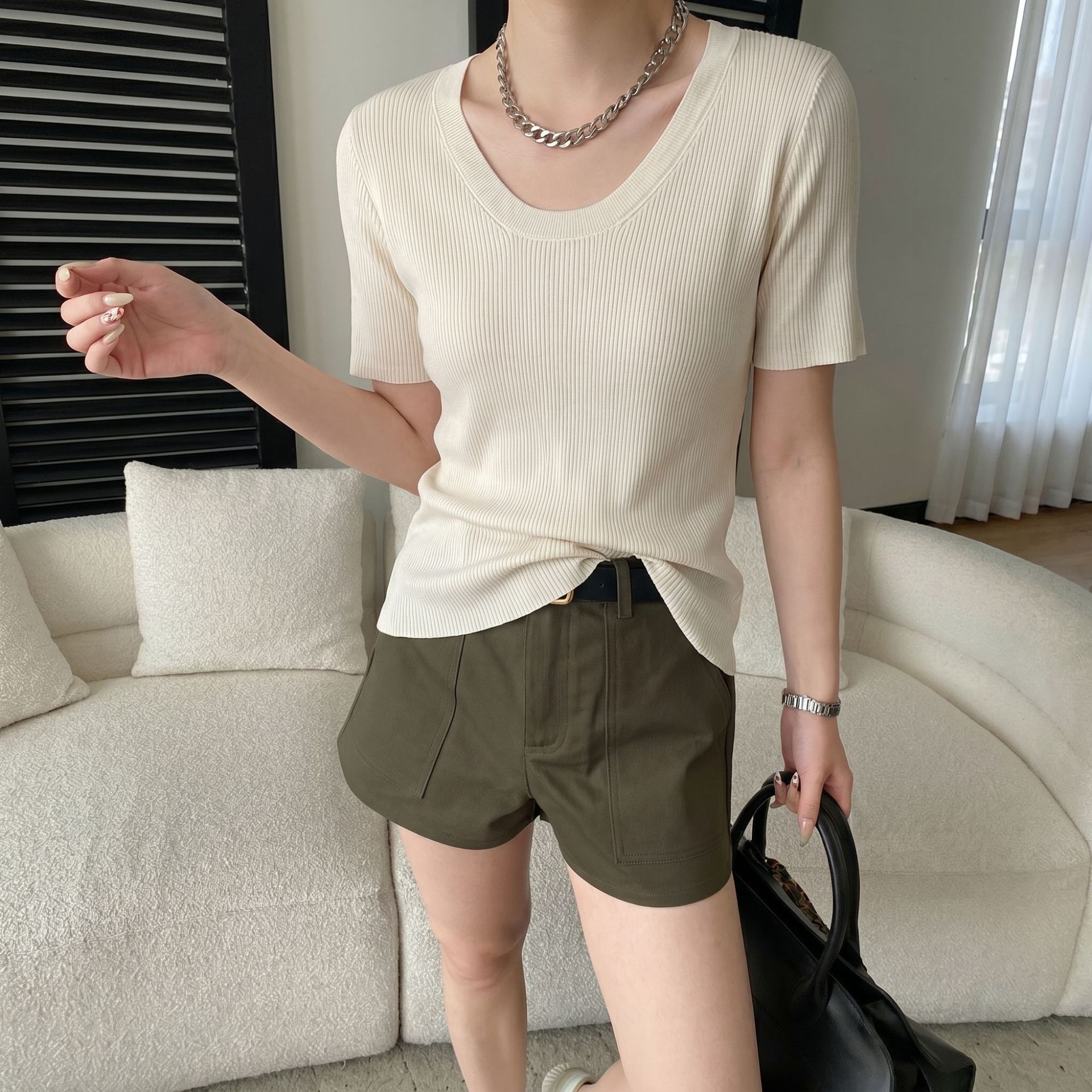 Summer New Style Lyocell Tencel Silk Blend Goose Egg U-Neck Solid Color Short-Sleeve T-Shirt Versatile Top for Women