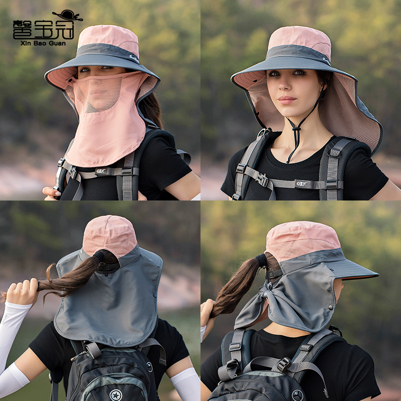 Summer Outdoor Sun Hat for Men and Women with Ponytail Mesh Breathable Sun Protection Fisherman Hat Brim Mountaineering Sun Hat 9014