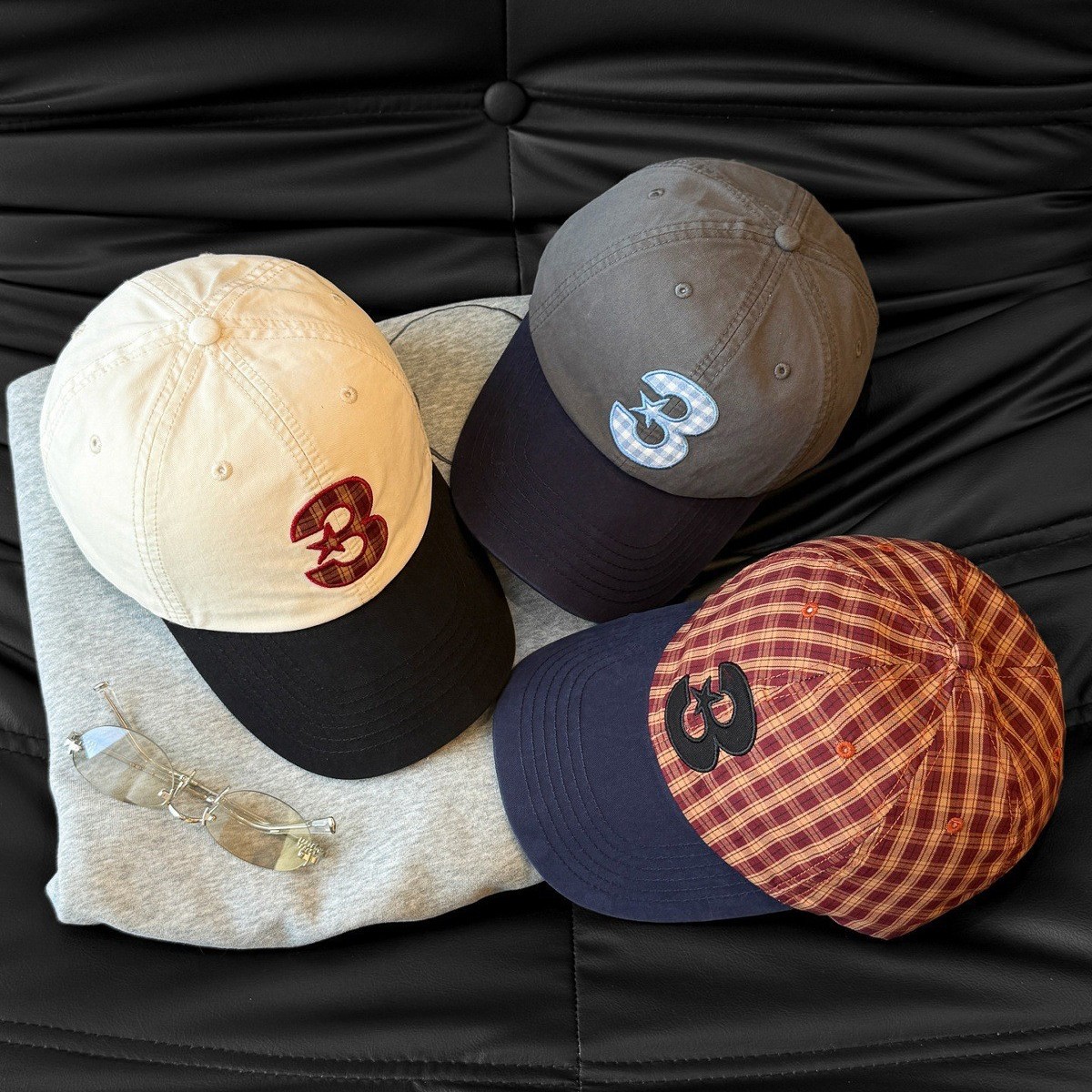 American Retro Sports Style Large Three-Letter Red Plaid Navy Blue Baseball Cap That Makes the Face Look Smaller, New Model