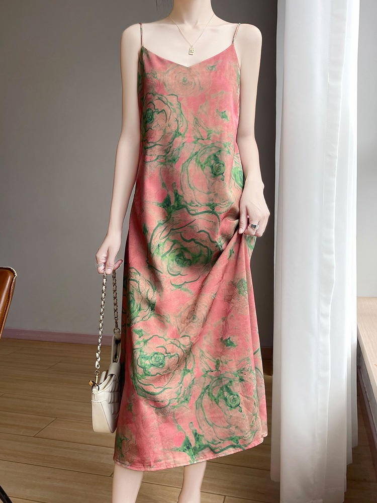New Chinese-Style Light Luxury Cloud Silk Suspender Dress, Jacquard Patterned High-End Long Dress, Spring and Summer Versatile Wear, Elegant Style