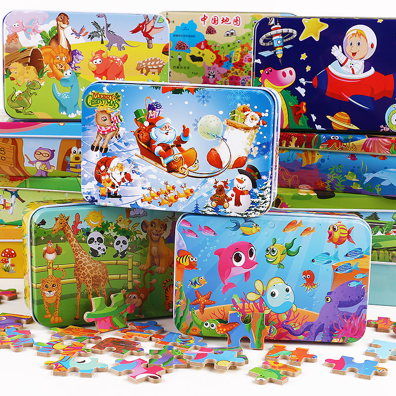 60 Pieces, 100 Pieces, 200 Pieces Children's Cartoon Wooden Iron Box Puzzle Baby Educational Early Learning Toys Wholesale