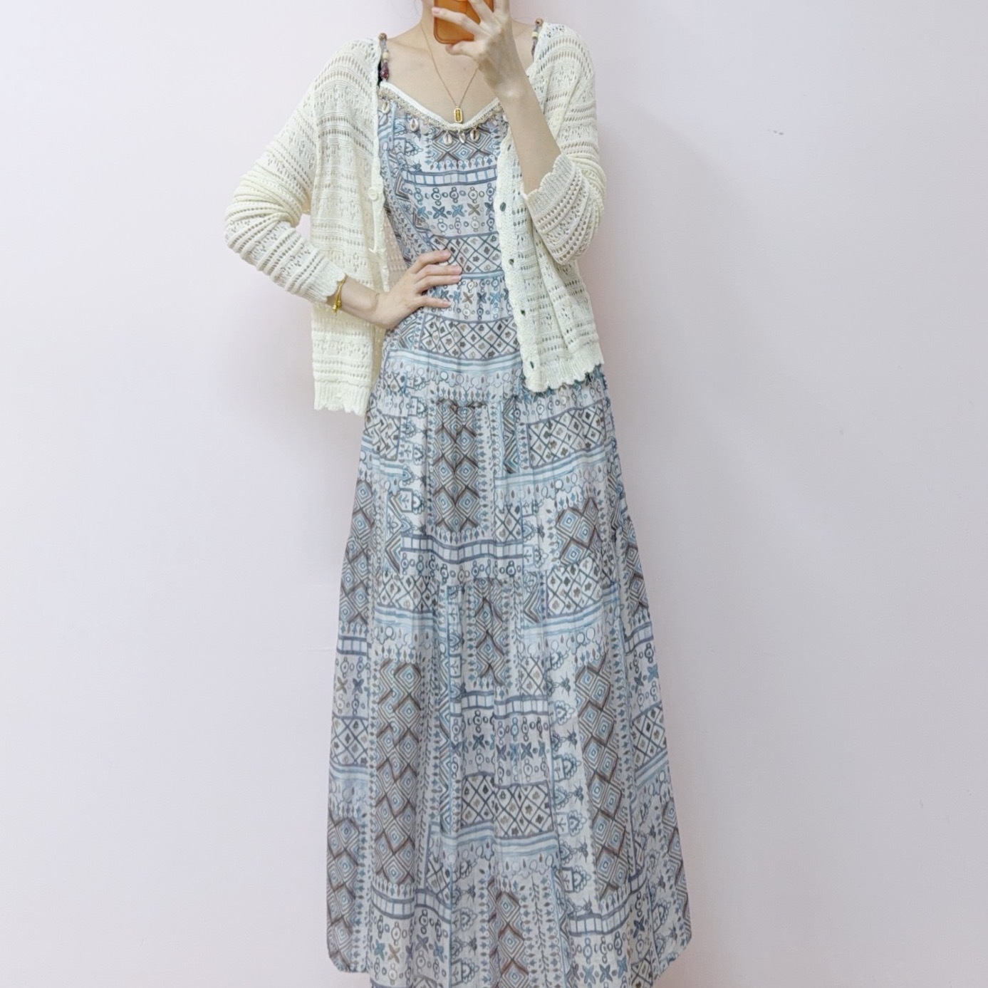 2026 Spring and Autumn New Fashion Versatile Cardigan Knitted Top + Camisole Dress Two-Piece Set 060