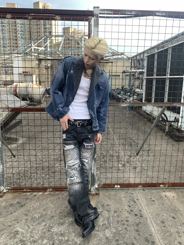 Gojoyjinni Rust Polished Destroyed Patch Crumpled Whiskers Washed Distressed Loose Straight Jeans