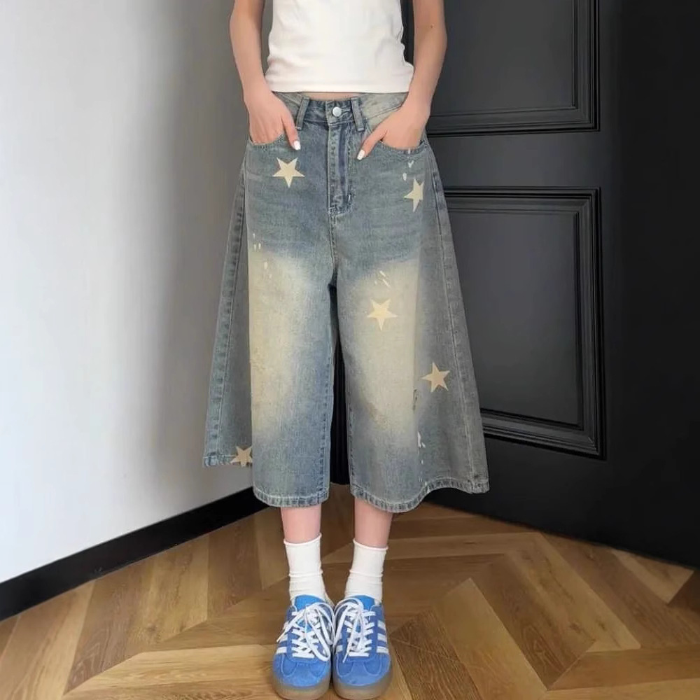 2026 Summer New Style Star Print National Trend Denim Shorts