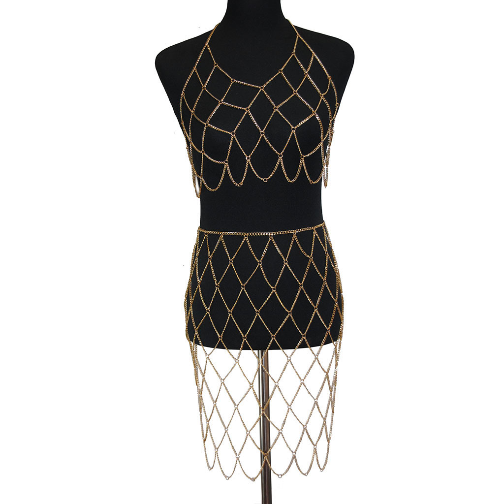 Amazon's Hottest Sexy Tassel Body Chain Set Fishnet Chain Bikini Chest Ornament Hollow Chest Chain Women's Jewelry