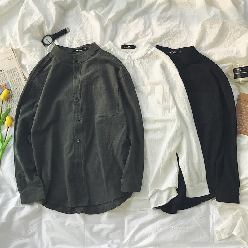 Collarless shirt men's long sleeve loose Korean style trendy cotton and linen Japanese style stand collar artistic linen men's shirt