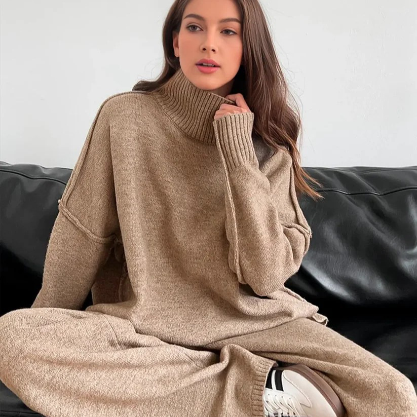 European and American Cross-Border 2026 Autumn and Winter New Casual Lazy Style Solid Color Loose High-Neck Knitted Sweater Set with Pants