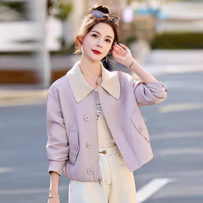Purple Lapel Short Leather Jacket for Women 2026 Spring and Autumn Loose Slimming Design Youthful Stylish Jacket Top
