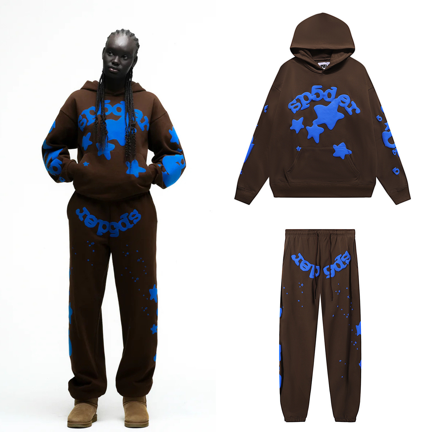 American Fashion Sp5Der 555 555 Star Foam Printed Terry Hoodie Sweatshirt for Men and Women, American High Street