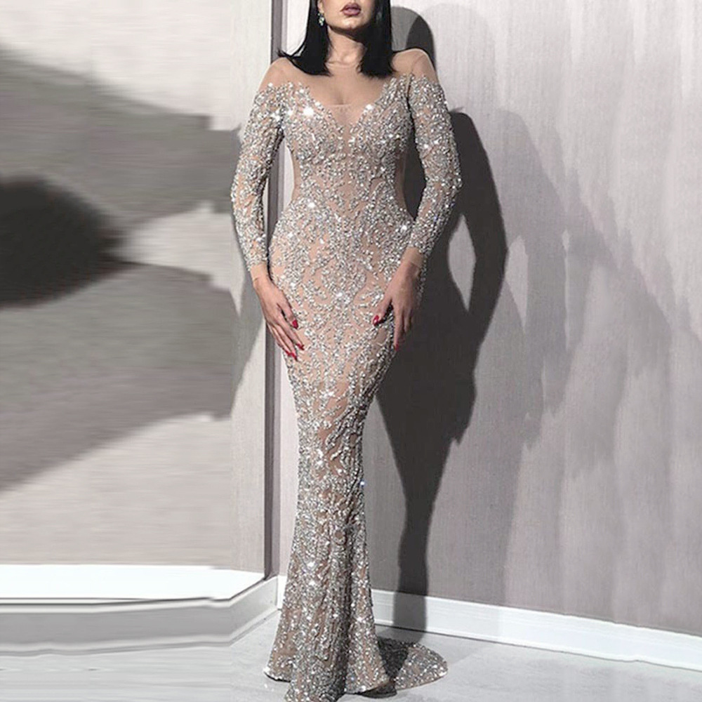 2025 Cross-Border Spring New European and American Export Women's Clothing Bronzing Long-Sleeved Slim Sexy Long Skirt Banquet Evening Dress