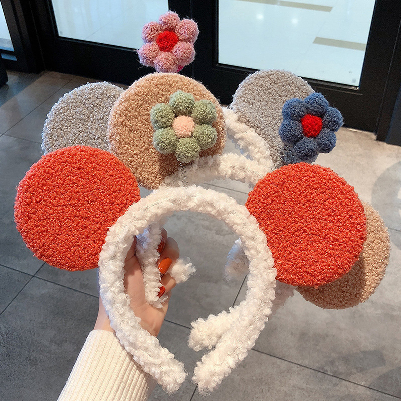 Autumn and Winter Mickey Flower Cute Hairband Wash Face Lamb Wool Women's Plush Non-slip Mask Special Headband Hair Bundle