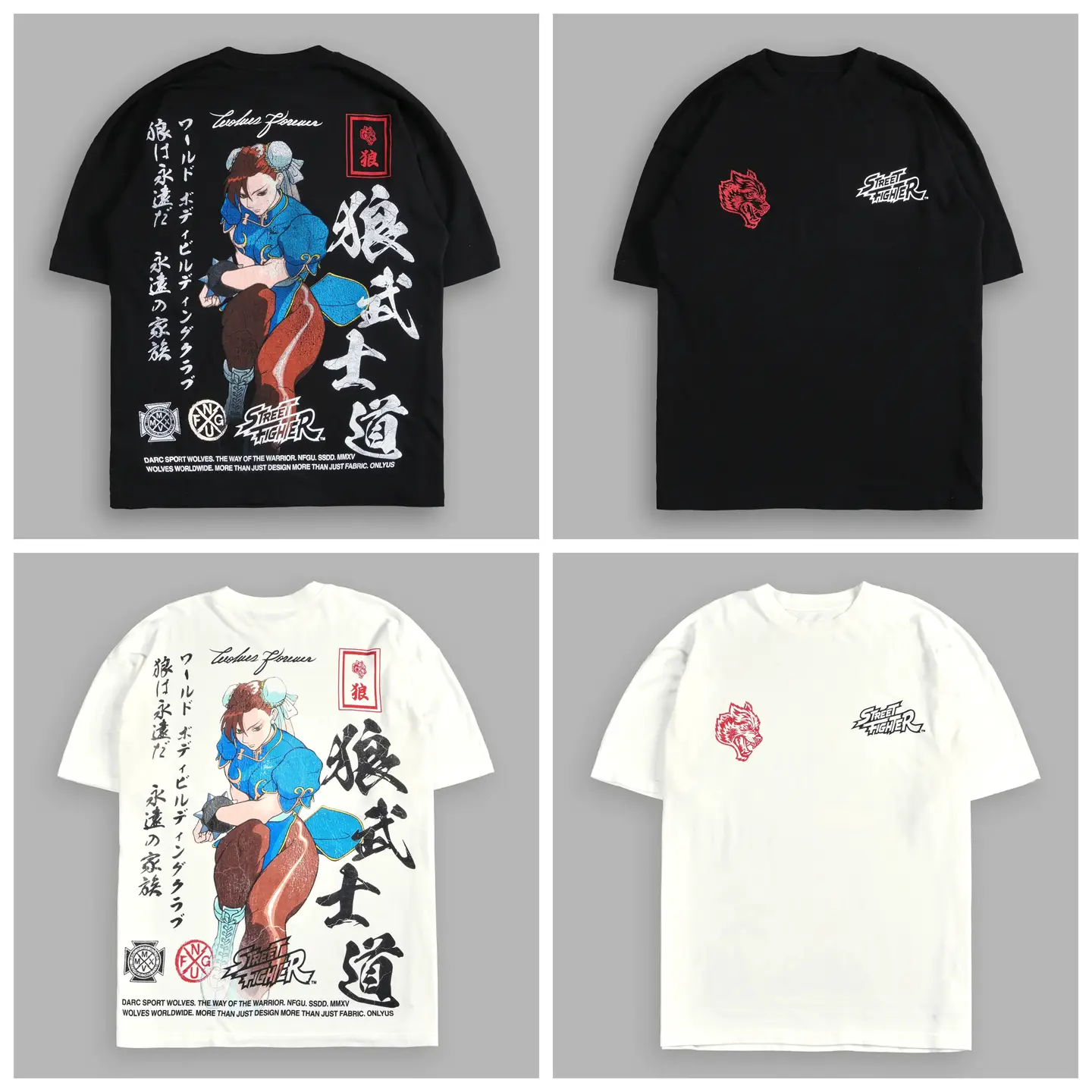 Wolf Head Street Fighter Chun-Li Print Men's American Style Short Sleeve T-Shirt Fitness Clothing Retro Training Top Loose Fit Pure Cotton