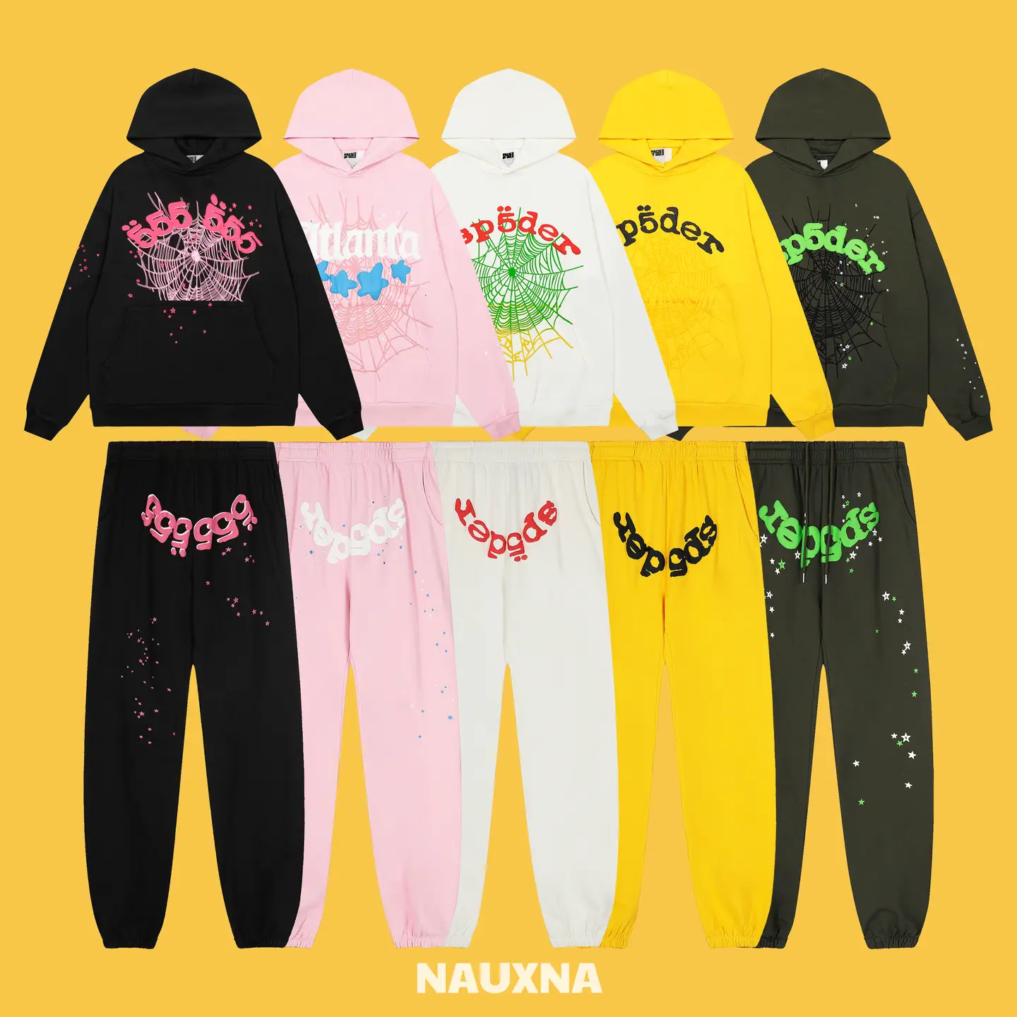 Sp5der 555555 foam spider web Print Meichao High Street Loose Casual hooded Sweatshirt pants Suit