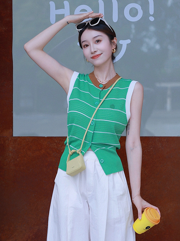 Vest with Contrasting Colors, Round Neck, Sleeveless, Waist-Cinching, Slimming, Hollow-Out Crochet Knit, New 2026 Model for Women, Elegant and Suitable for Commuting