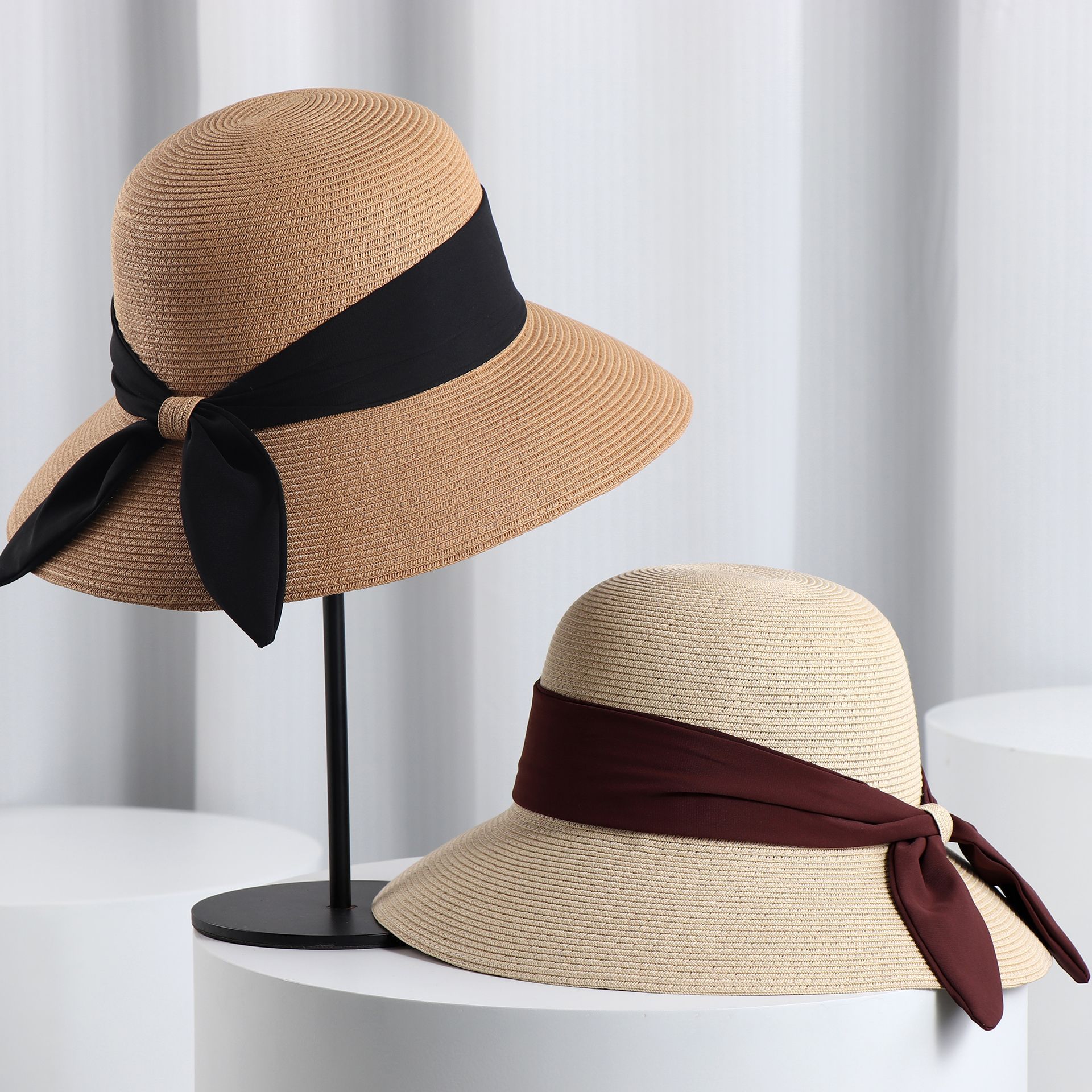 New Summer Wide-Brimmed Bowknot Straw Hat for Women, Outdoor Sun Protection Fisherman Hat, Beach Vacation Hat That Makes the Face Look Smaller
