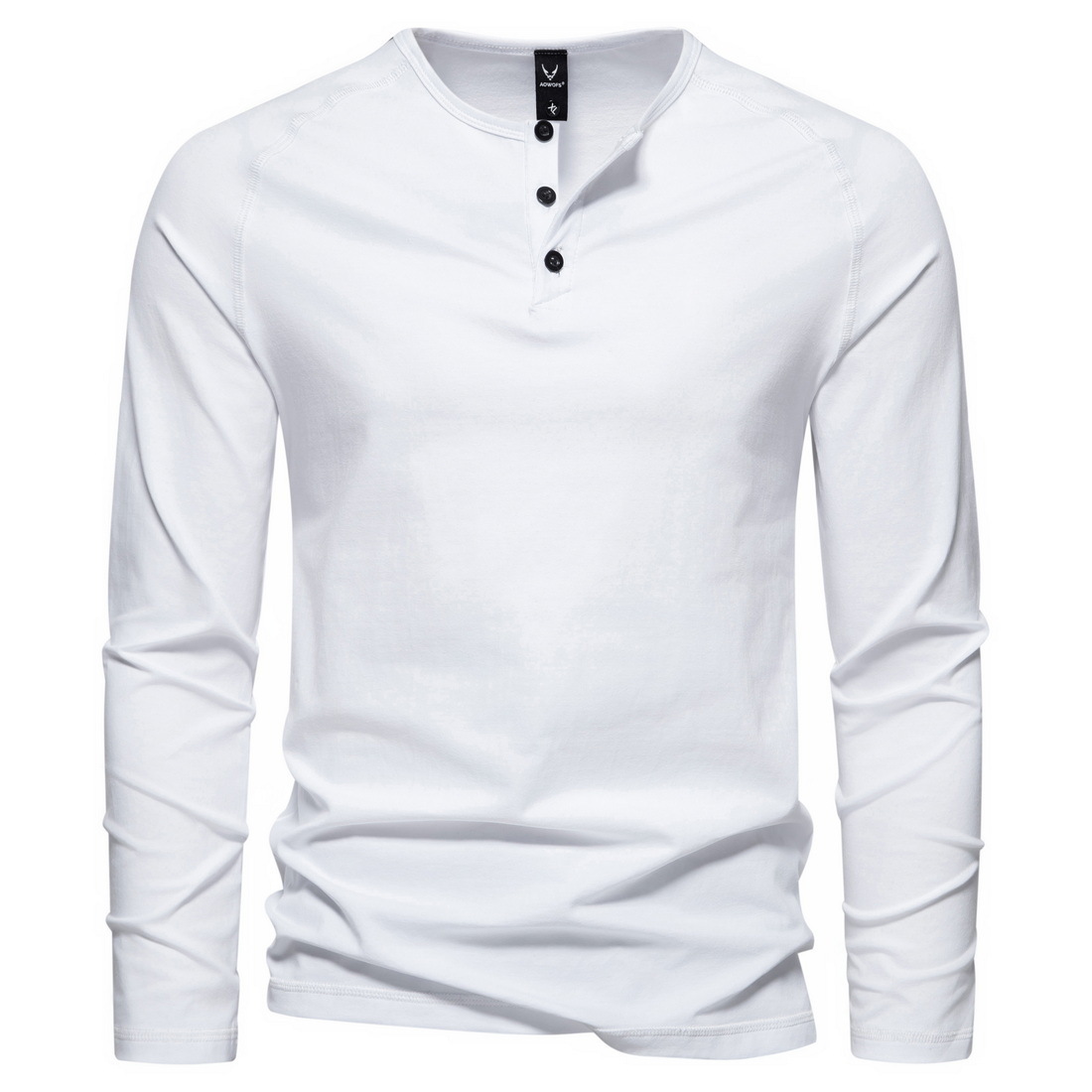 Autumn and Winter New Men's T-Shirt Amazon American Retro Button Henry Collar Solid Color Men's Long Sleeve T-Shirt Base Shirt