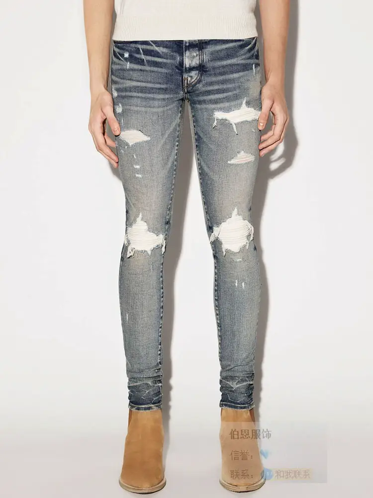 New Retro Patch Motorcycle Fashion Designer Denim Male Amr Elastic Skinny Jeans silm Trendy All Year Round