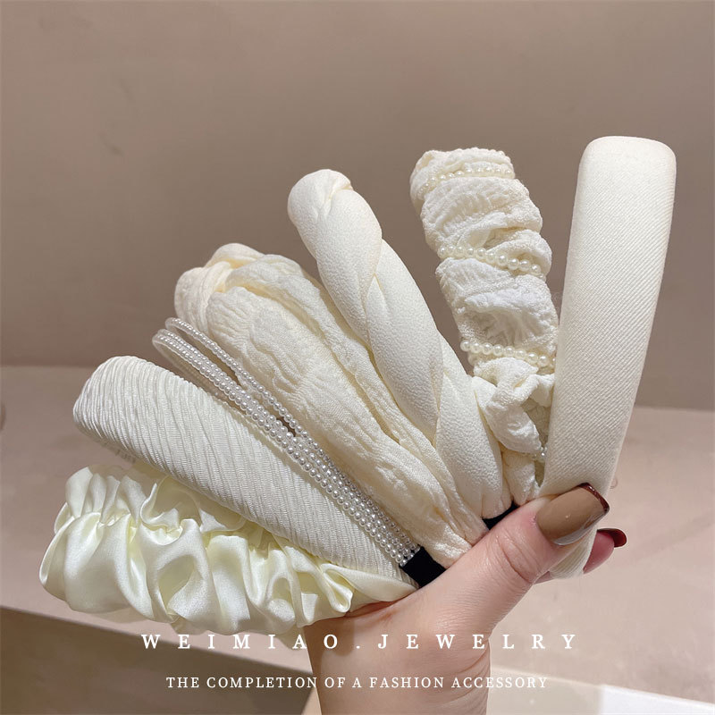 Milk white pearl fabric pleated bow pleated headband high cranial top headband fashion versatile high-end hair accessories