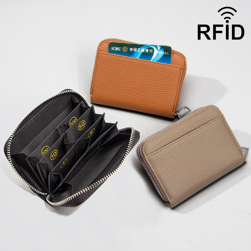First-Layer Cowhide Women's Wallet Rfid Anti-Magnetic Compartment Silk Screen Digital Coin Purse Coin Purse Genuine Pickup Bag Japanese Style