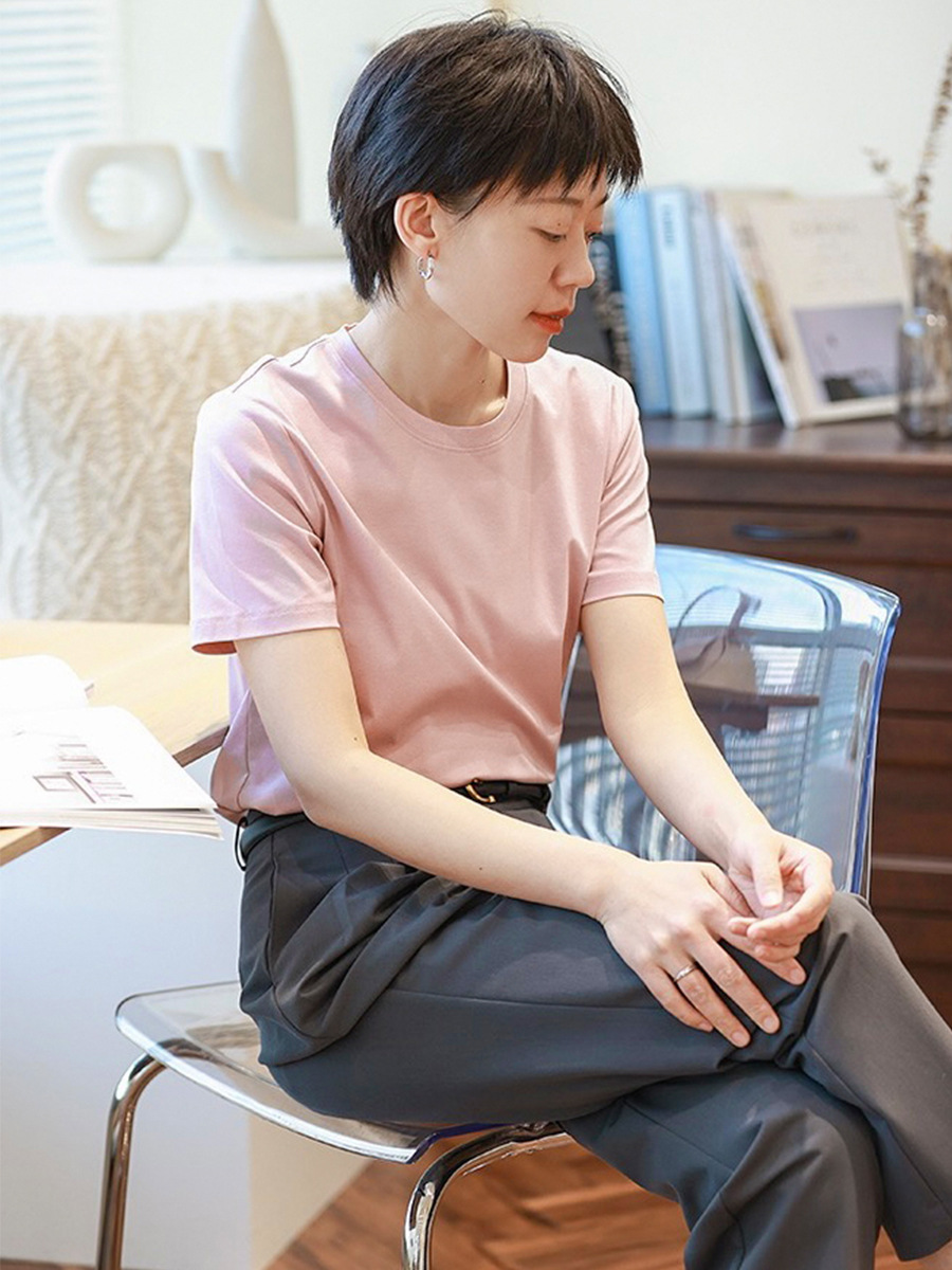 Sutin Pure Cotton T-Shirt, Solid Color, Versatile, Cross-Stitch, Round Neck, Regular Shoulder, Short Sleeve, High Elasticity Top