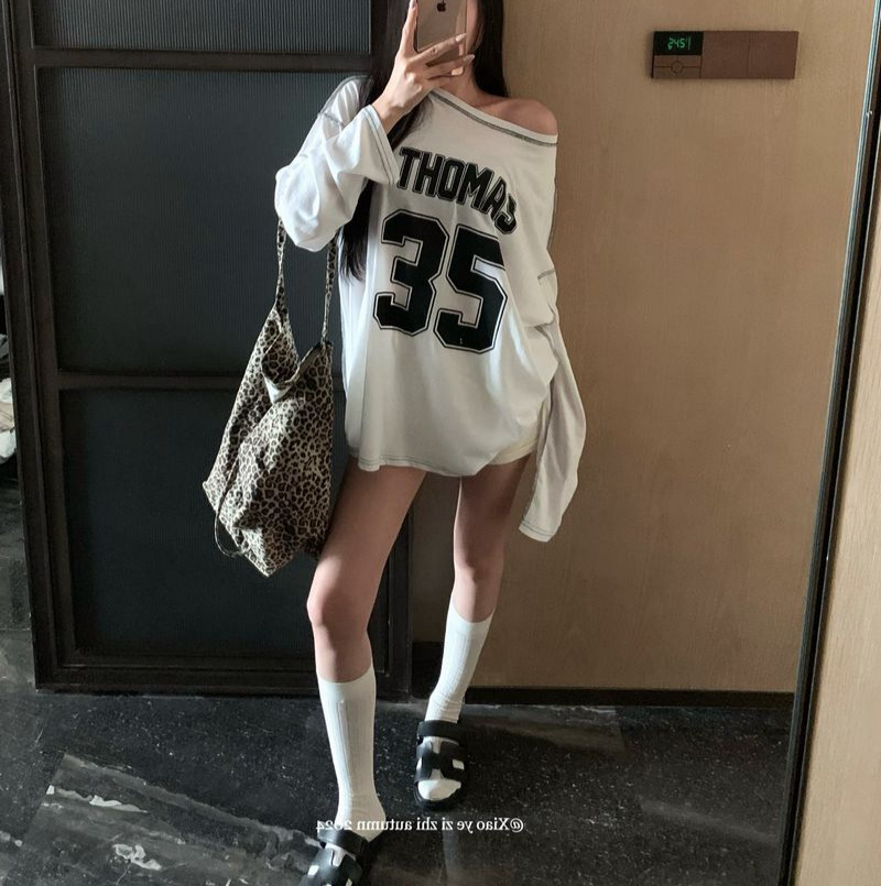 Lazy European and American Style Cross-Border Thin Digital Print Loose Casual Long-Sleeved T-Shirt One-Line Collar Slanted Shoulder Sun Protection Top