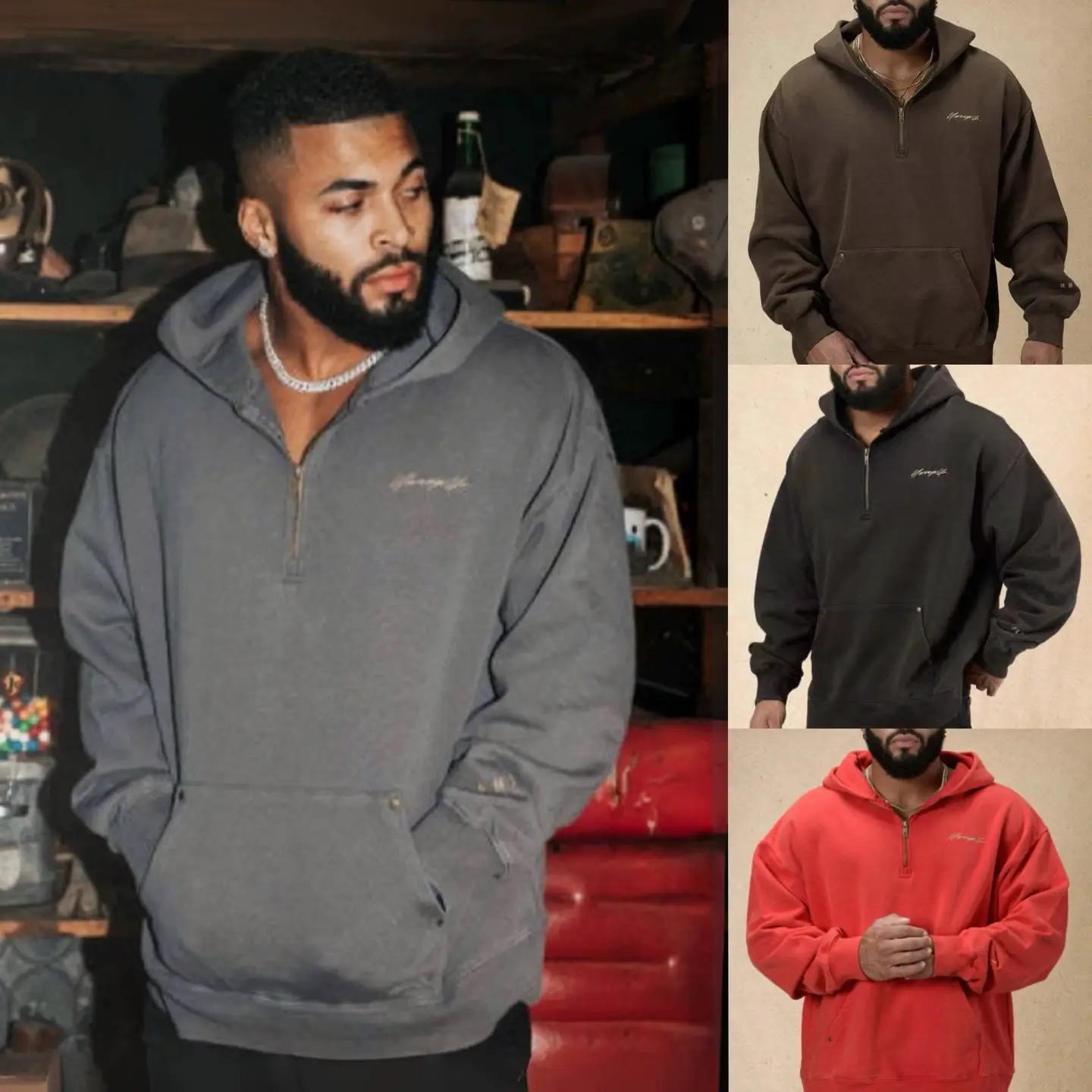 American Youngla Half-Zip Sweatshirt for Men, American Style Heavyweight Washed Pure Cotton Terry Sports Loose Hooded Jacket