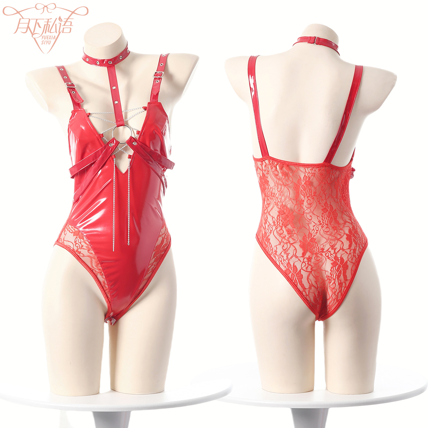 New Original Sexy Lingerie Christmas Outfit Pu Leather Clothing Seductive Lace Splicing Bodysuit Binding Chain Uniform Set
