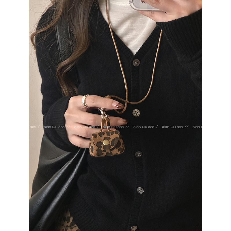 Retro Brown Leopard Print Small Bag Necklace Women's Autumn and Winter Long Sweater Chain Earphones Coin Purse Pendant Accessories