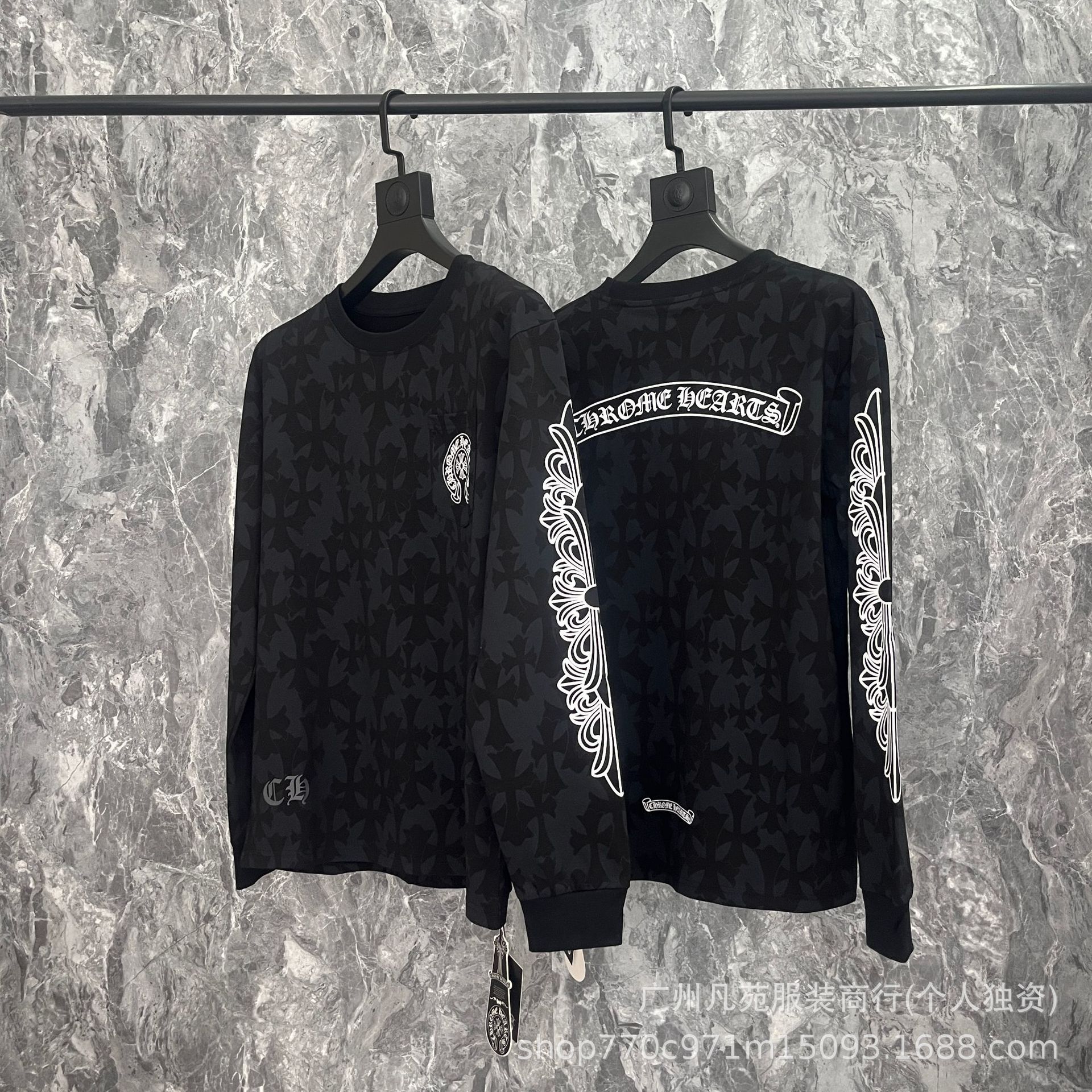 Chrome Hearts 24 New Letter Dark Pattern Full-Print Horseshoe Sanskrit Men's and Women's Long-Sleeved T-Shirt