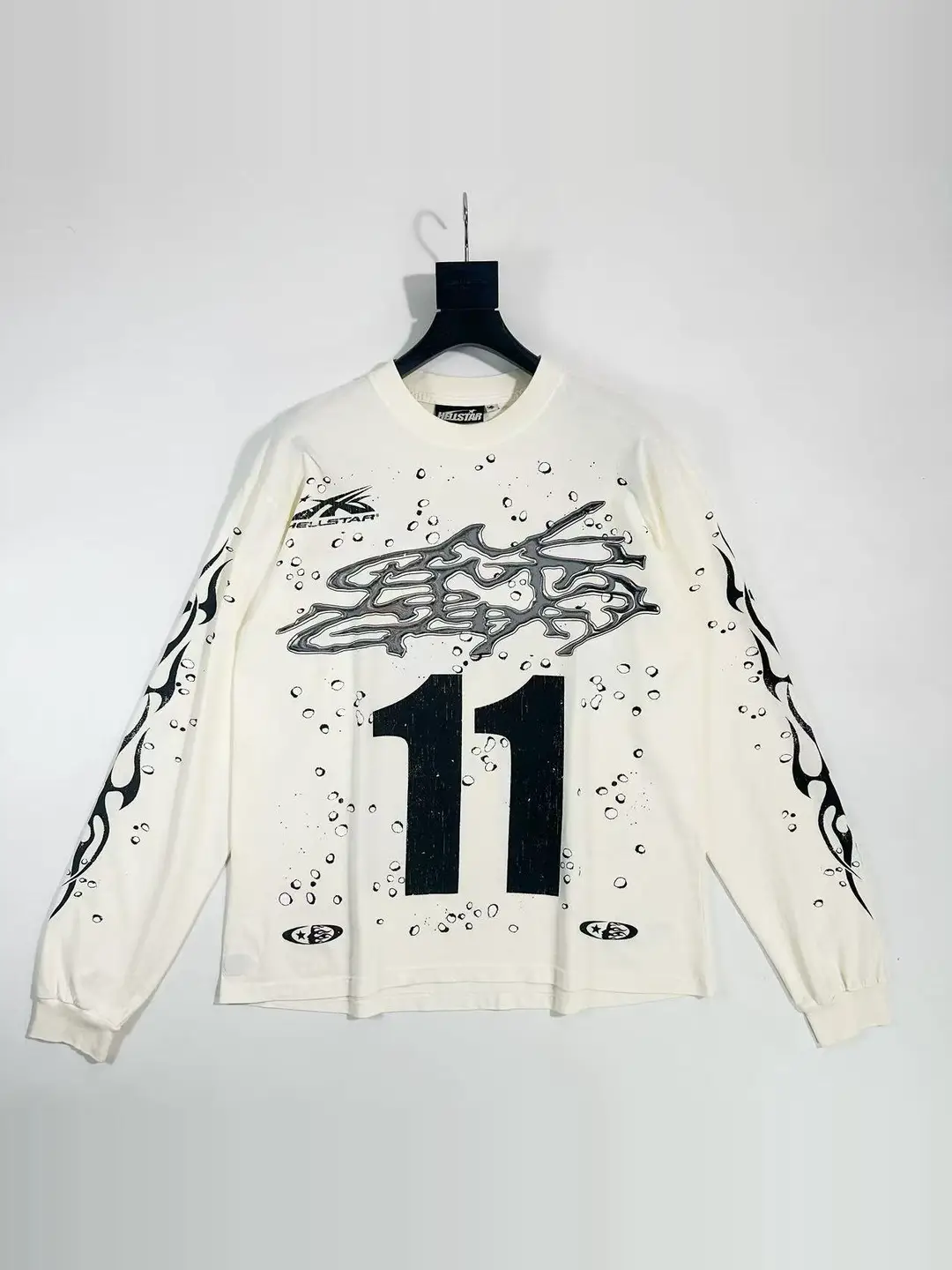 Hellstar Hell Star Off-White 11Th Bubble American High Street Fashion Brand Washed and Distressed Long Sleeve Tee