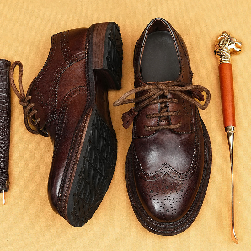 [5 Days Delivery] Business Casual Men's Shoes Genuine Horsehide Washed Distressed Handmade Goodyear Brogue Shoes