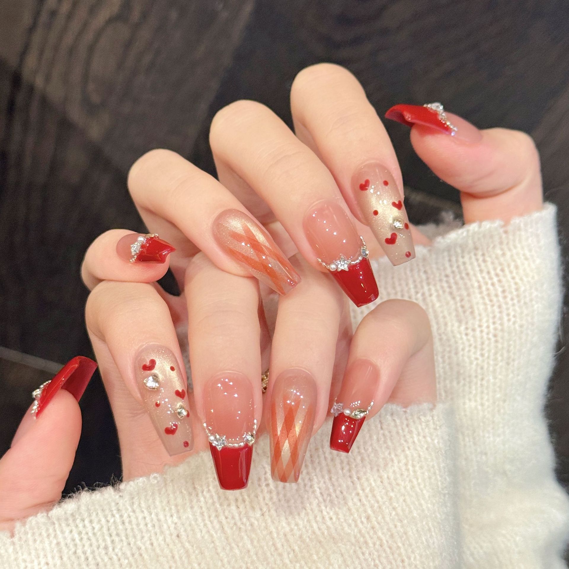 Rikaman Original [Pink Rose Diamond Heart] Foundation Red Edge Love Diamond Decoration Handmade Wearable Nails Wholesale Fake Nails
