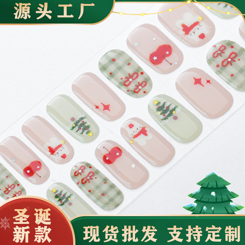 Cross-Border New Christmas Gel Nail Stickers, Ins-Style Cute and Sweet Half-Baked Nail Patches, Wholesale in Stock