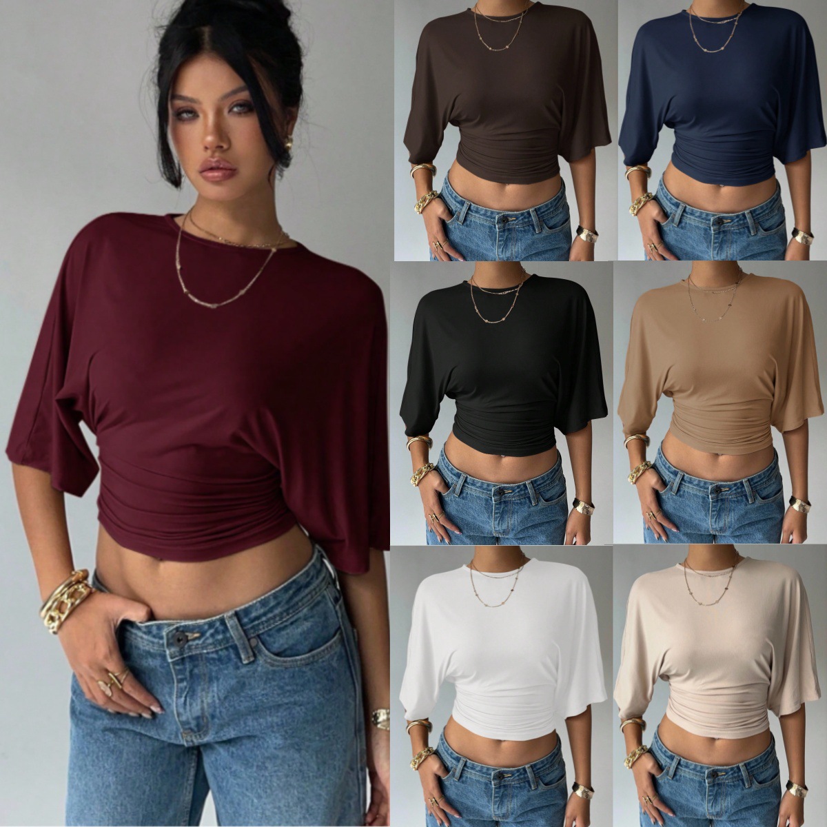 2026 Cross-Border Amazon European and American New Casual Versatile Waist-Cinching Slimming Sweet and Spicy Design Shoulder-Baring Top for Women Summer