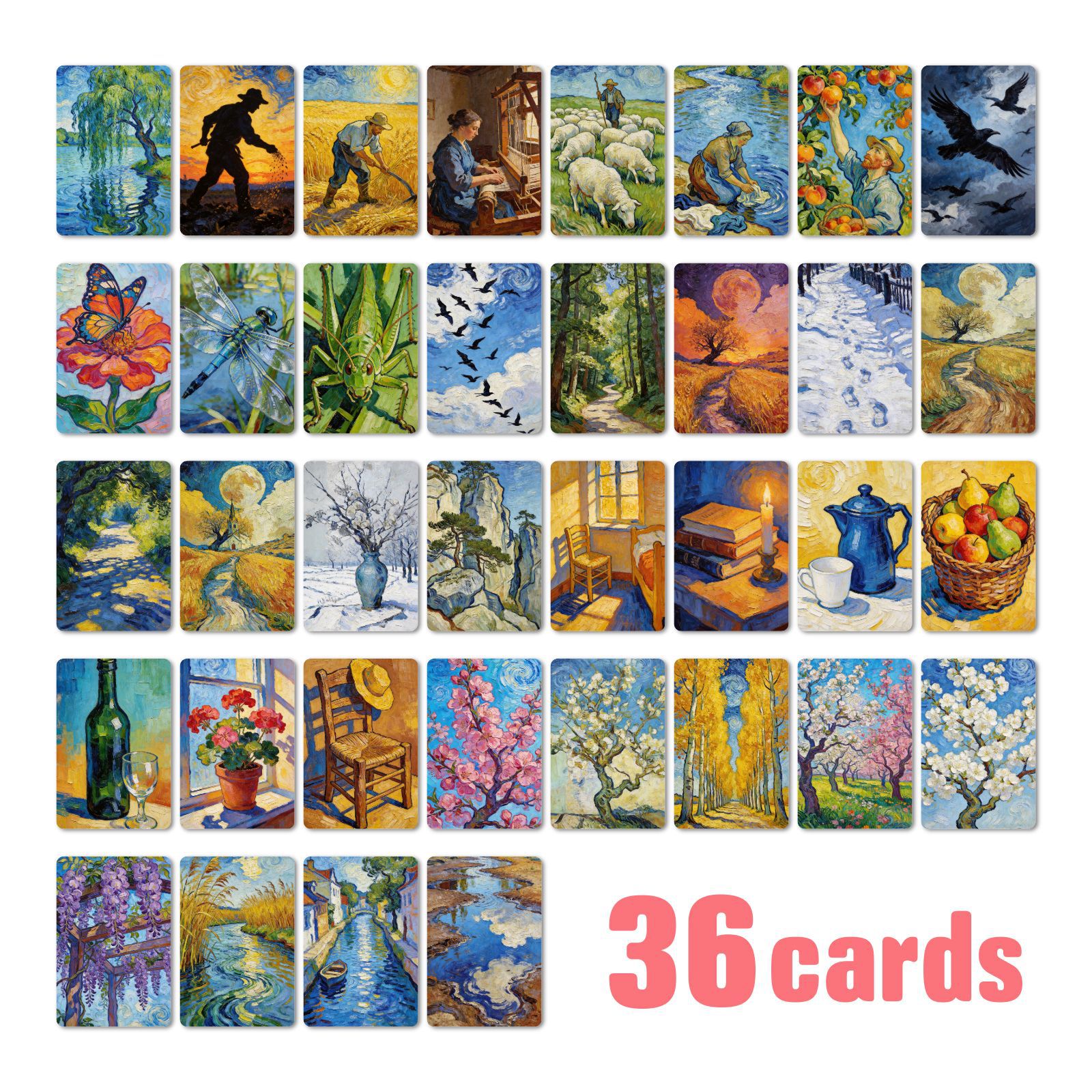 Cross-Border New Set of 36 Impressionist Landscape and Floral Oil Painting Cards, Text-Decorated Greeting Cards, Vintage Postcard Set