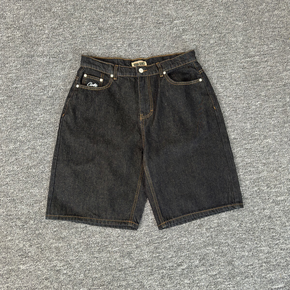 Corteiz Alcatraz Double Stripesd Straight Denim Shorts Men's Retro Loose Pure Color Casual Versatile Five-Point Pants