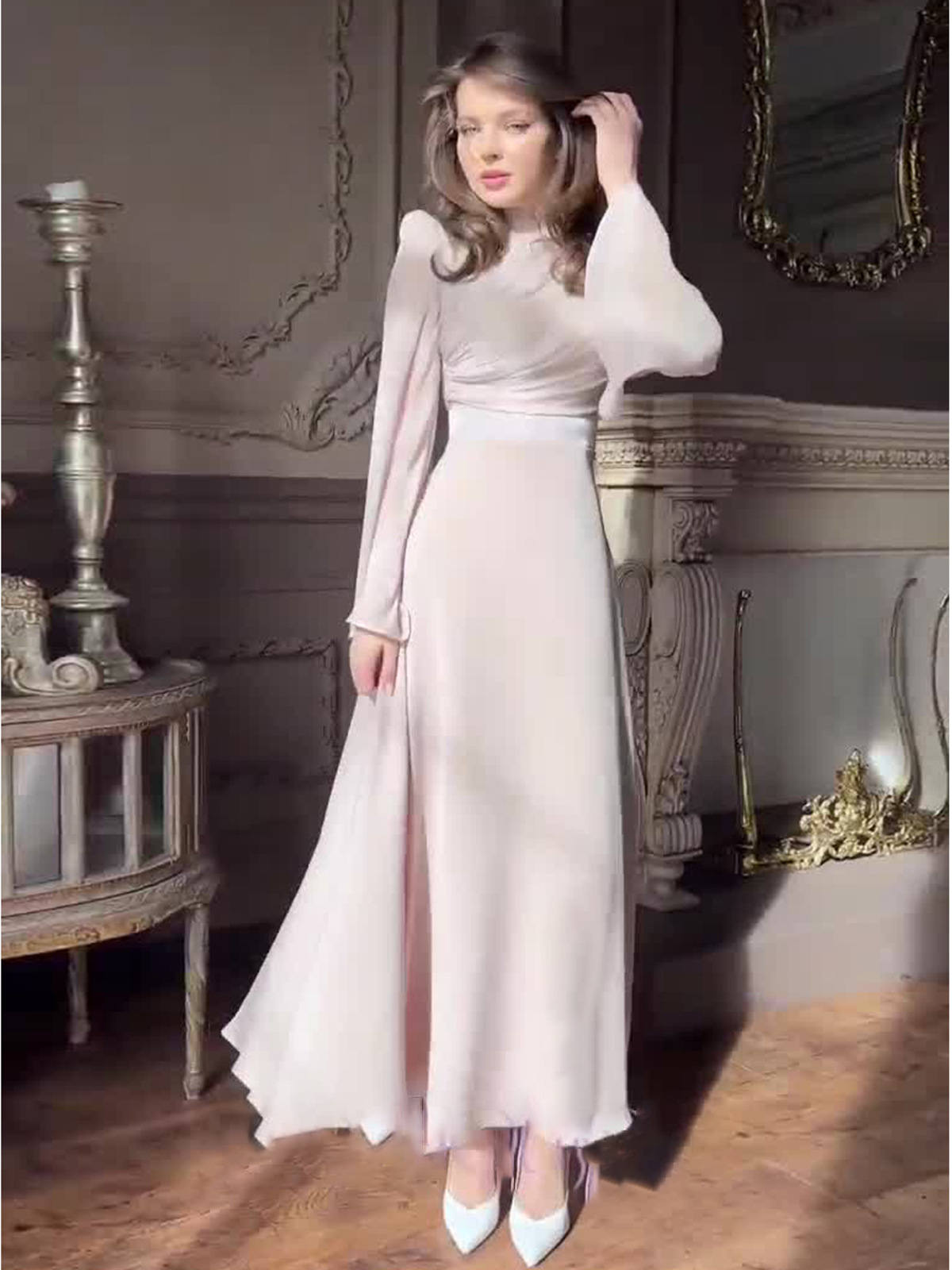 European and American Amazon Half-High Collar Dress for Women, 2026 New Style, Long-Sleeve Tea Break French Fairy Waist-Cinching Long Dress