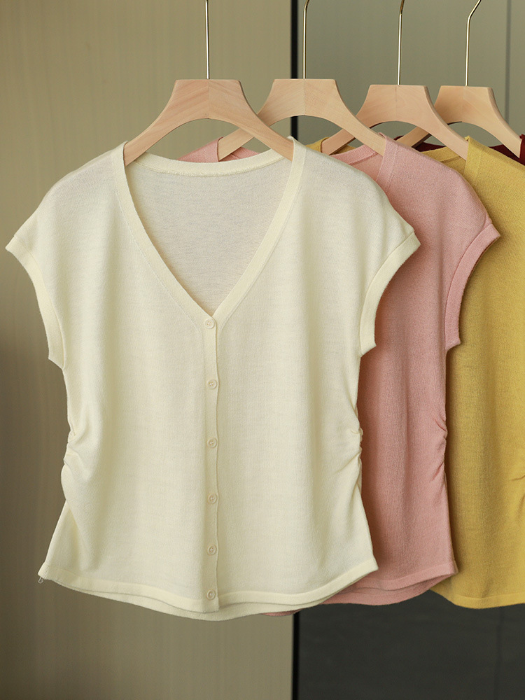 Small waisted side pleated Lyocell V-neck sweater women's top summer new light breathable short sleeve cardigan