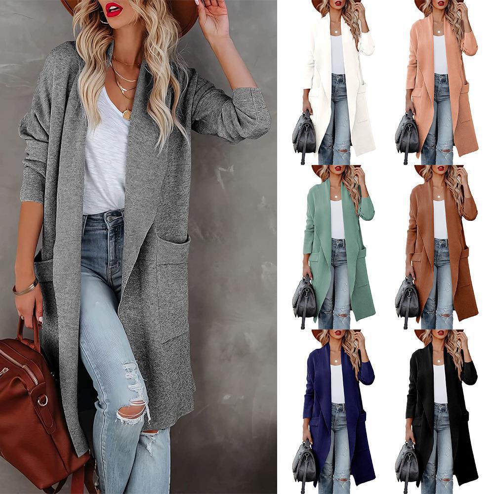 European and American Women's Clothing 2023 Autumn and Winter Loose Solid Color Long-Sleeve Cardigan Pocket Wool Coat Top Elegant Style