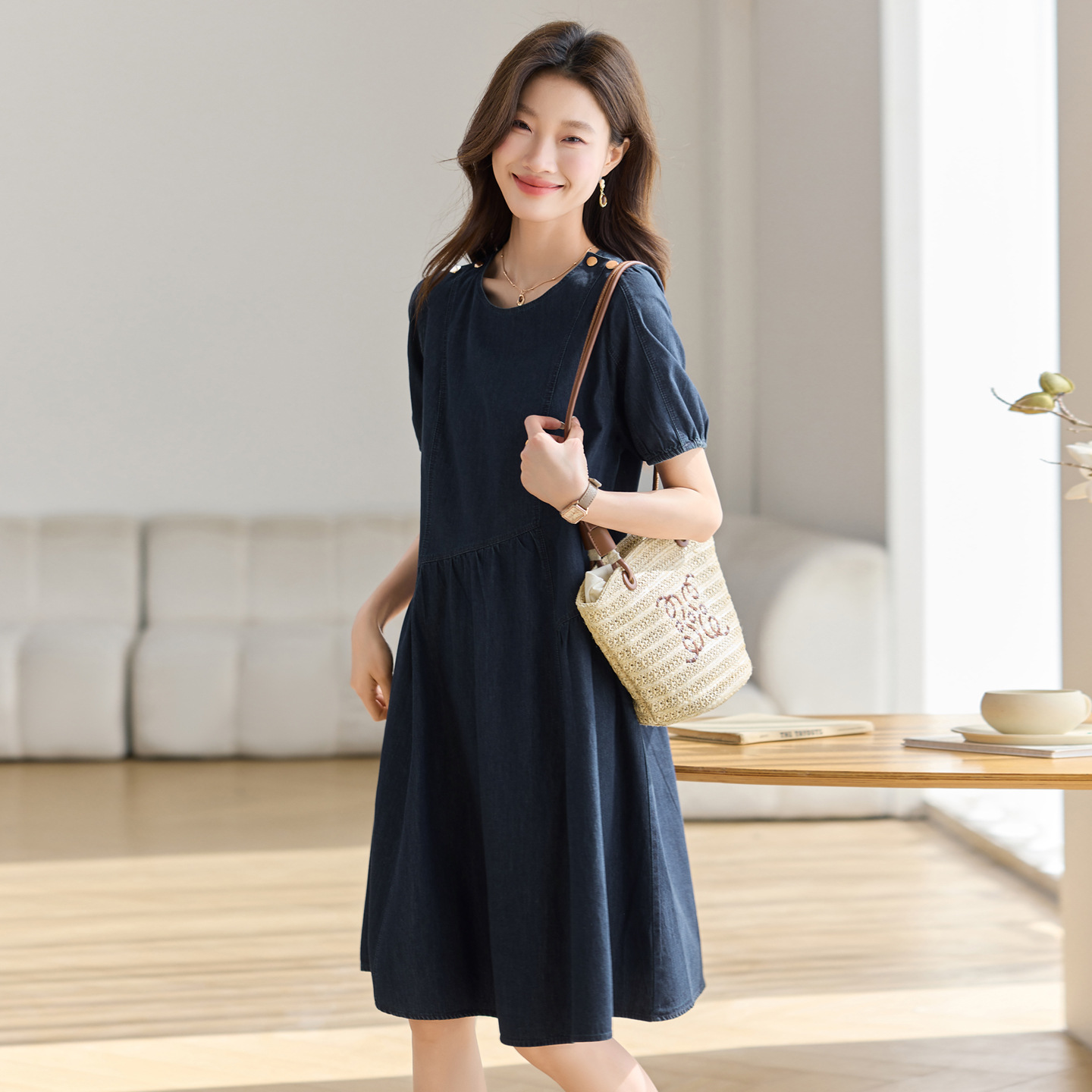 Mid-Length 2025 Summer New Korean Style Small Loose Belly-Covering Skirt Thin Denim Dress for Women