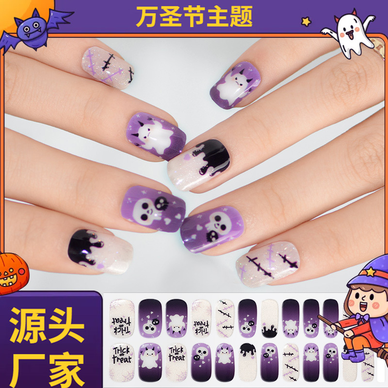 Halloween Nail Stickers Cross-Border New Spider Web Semi-Cured Uv Gel Nail Stickers 24 Finger Semi-Baked Nail Stickers