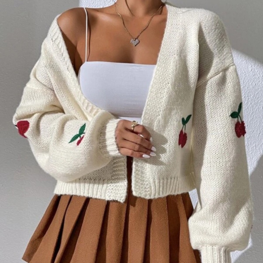 Foreign Trade European and American Amazon Autumn and Winter Cherry Embroidery Sweater, Buttonless Outerwear, Loose Casual Women's Knitted Cardigan