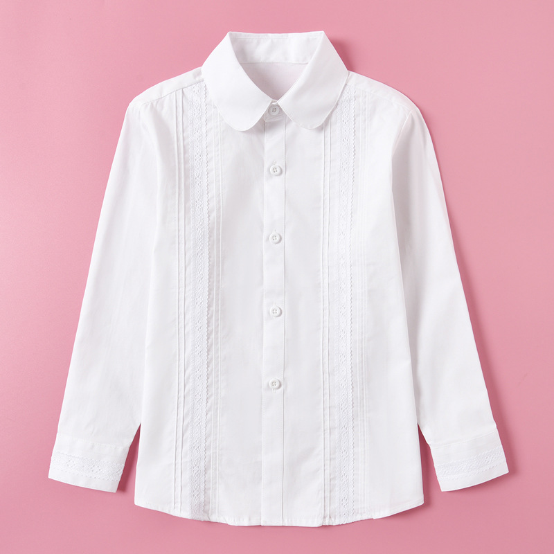 Girls' School Uniform White Shirt Pure Cotton Long Sleeve Middle School Students Girls White Performance Clothes Children's White Shirt