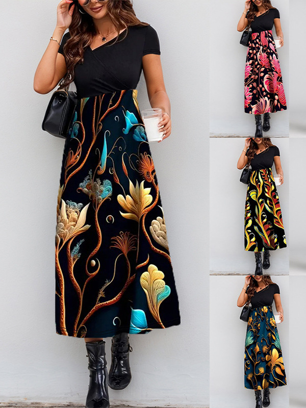 2025 spring and summer new foreign trade women's clothing Amazon wish Europe and the United States cross-border stitching printing elegant fashion dress
