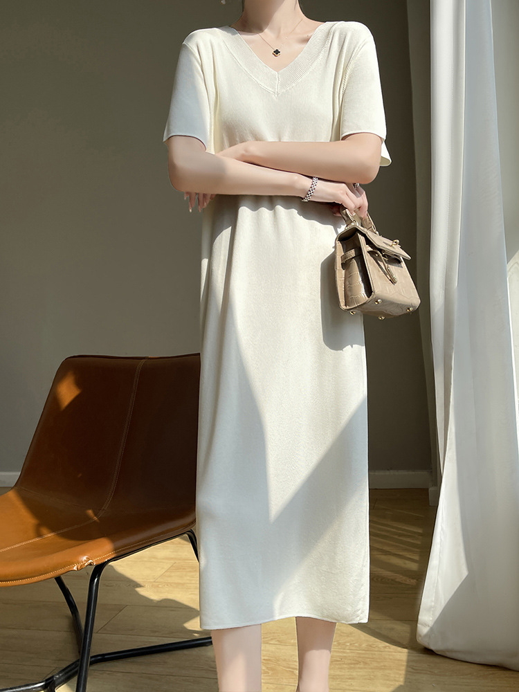 Quzhu Pure Color Dress for Women, New Summer Style, Elastic, Cool and Breathable Long Dress, Versatile and Stylish Workwear Dress