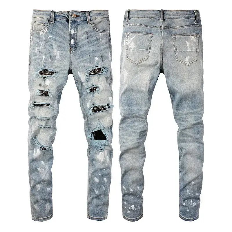 6626 Cross-border Slim-fit High Street Jeans Trendy Brand Painted Diamond Patch Men's Jeans