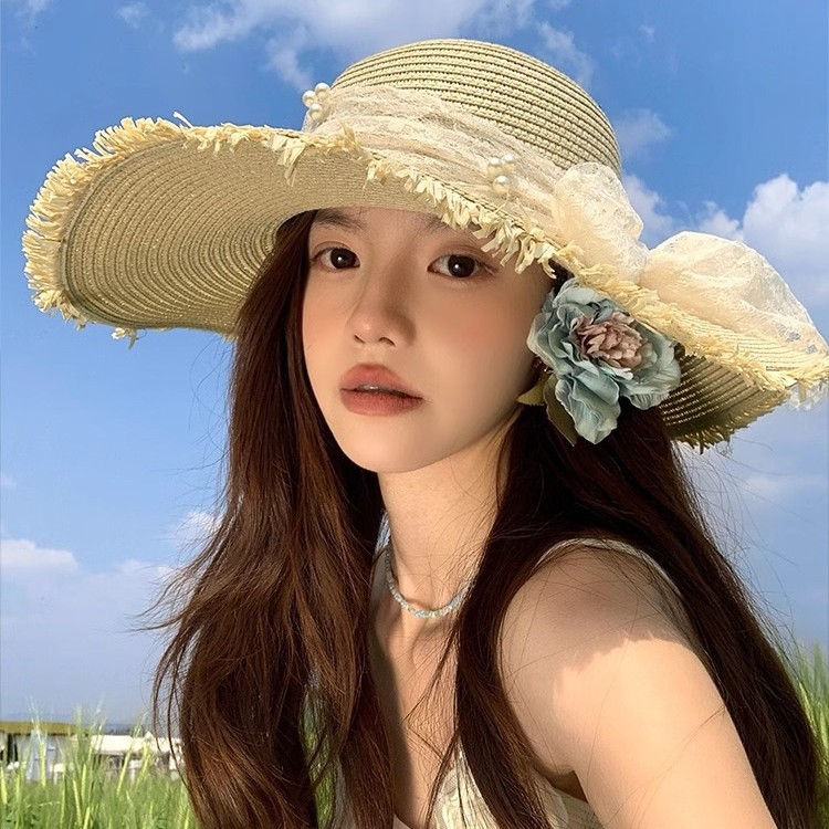 Lace Bow Woven Straw Hat Women's Summer Big Brim Seaside Holiday Beach Sunshade Sun Hat
