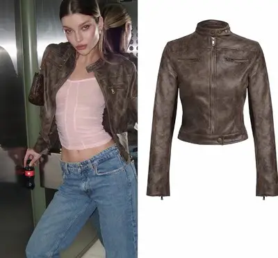 In Stock Lioness Brown Suede Leather Jacket ins Blogger's Same Style Short Biker Leather Jacket Top for Women