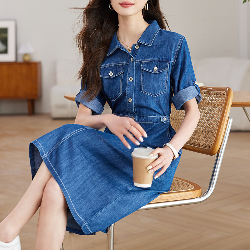 Denim dress Women's 2025 Summer New High-end Retro Hong Kong-style Casual Tight Waist Slimming Elegant Shirt and Skirt